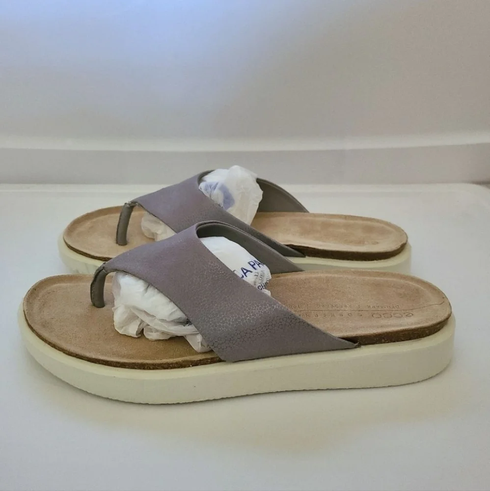 Ecco Corksphere Flip Flop Grey Leather Sandals Size 9
